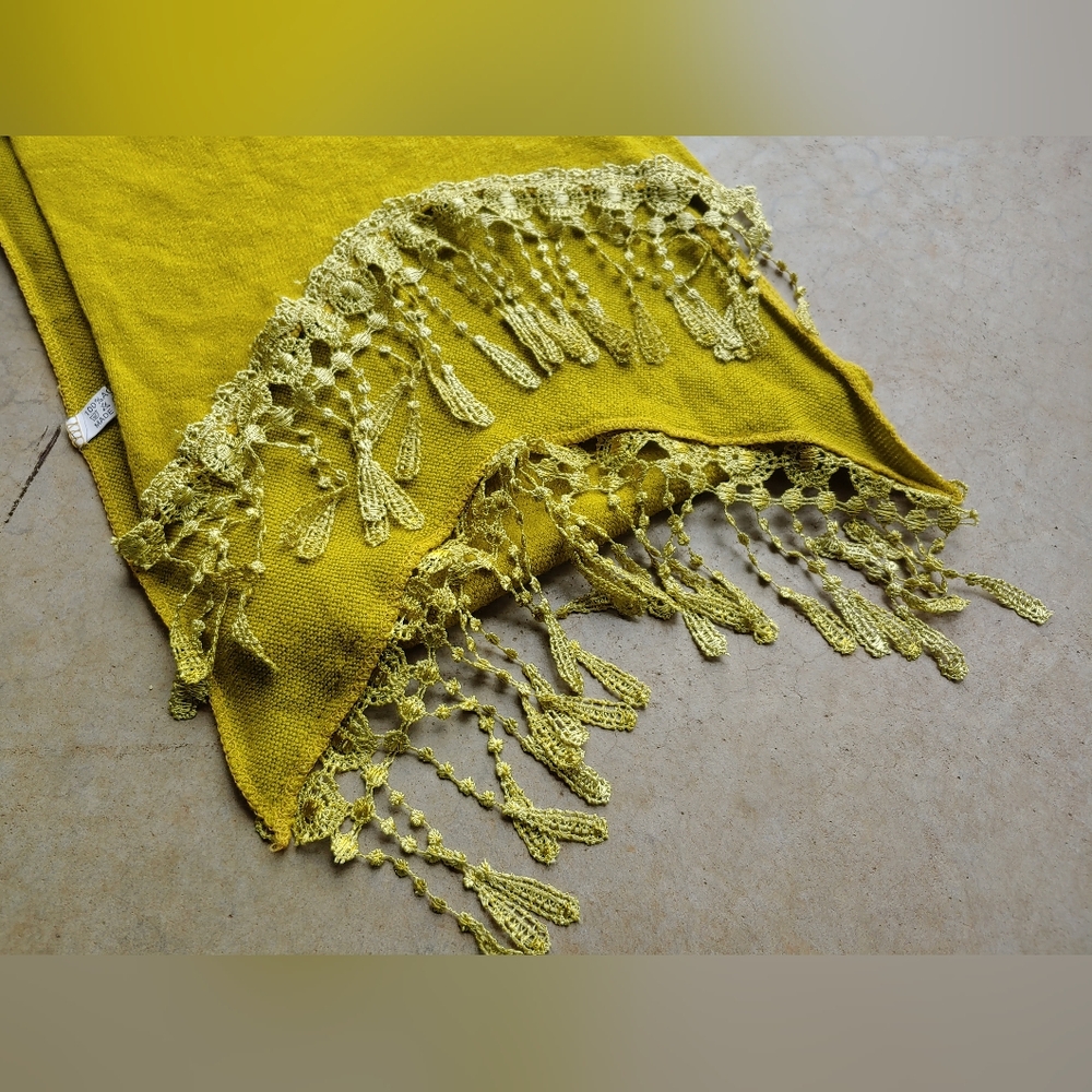 Vintage Floral Bohemian Whimsigoth Mustard Rose Lace Trim Long Scarf | Preppy - Picture 5 of 17